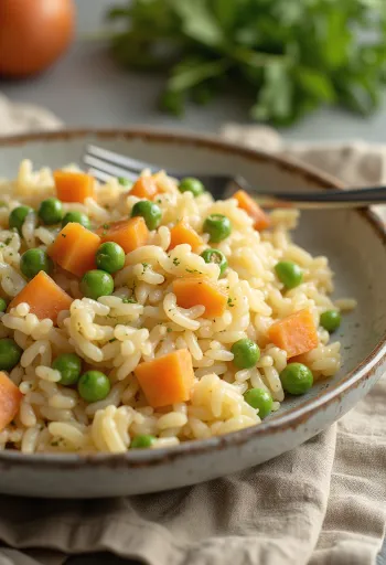 Prebiotisk grøntsagsrisotto serveret med brune ris, gulerødder, squash og ærter