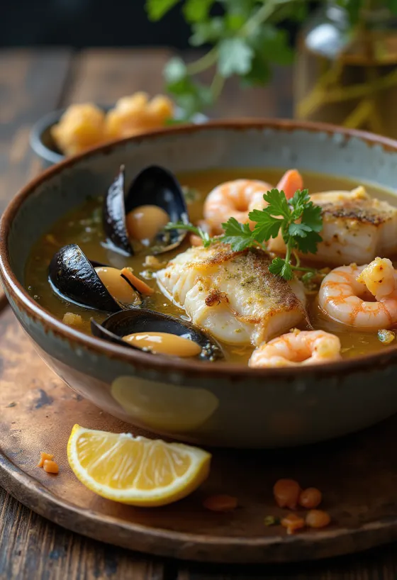 Psarosoupa med muslinger og rejer, rig fiskesuppe serveret med frisk olivenolie og citronsaft