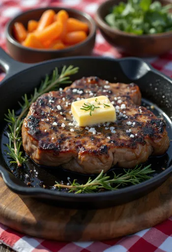 Yak steak serveret med stegte grøntsager og frisk rosmarin