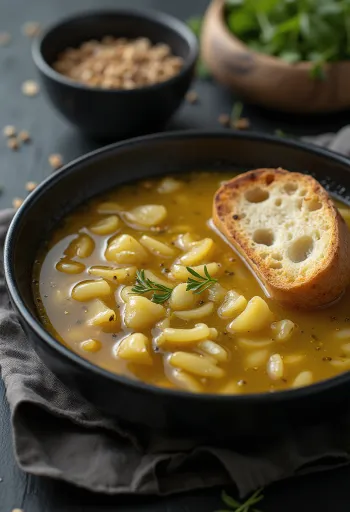 Caldillo serveret med hvidløg og frisk brød