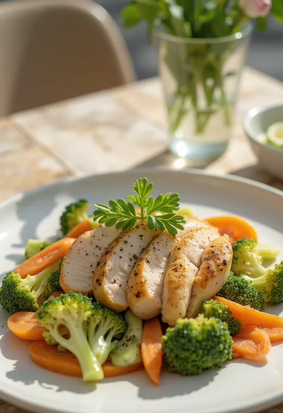 Kyllingebryst serveret på dampet grøntsagsbund