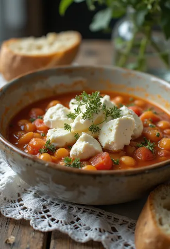 Fasolada drysset med fetaost, bønnesuppe serveret med frisk olivenolie