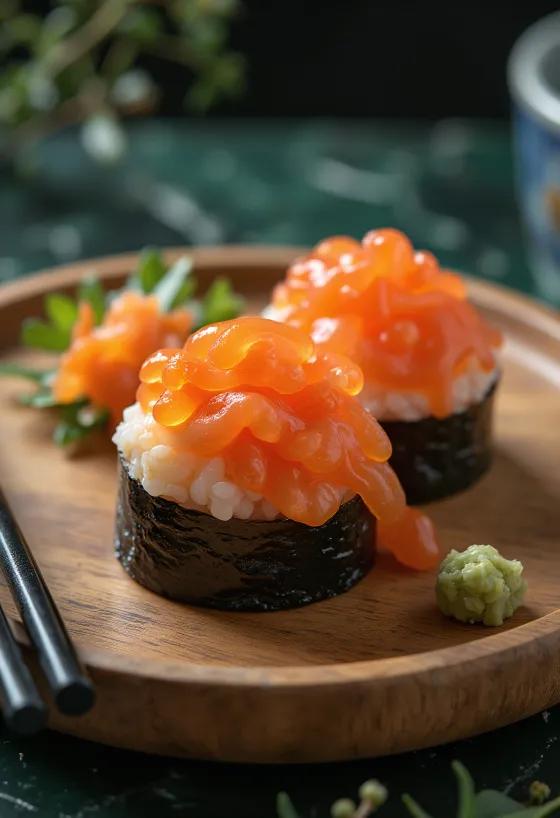 Nigiri med ikura, en skål rissushi pyntet med frisk lakserogn