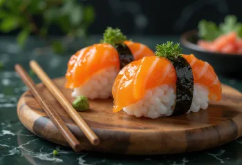 Nigiri med ikura, en skål rissushi pyntet med frisk lakserogn