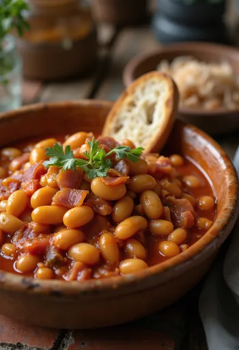 Bønner i tomatsauce drysset med frisk persille, serveret i en dyb skål.