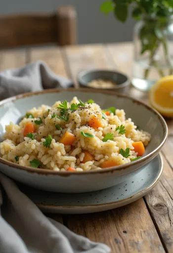 Prebiotisk grøntsagsris serveret med farverige grøntsager og brune ris