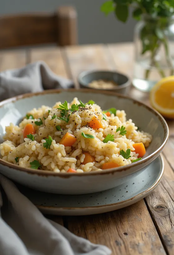 Prebiotisk grøntsagsris serveret med farverige grøntsager og brune ris