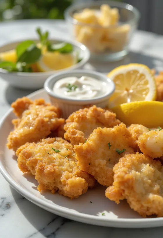 Paneret hjerne serveret i sprød panering med friske grøntsager