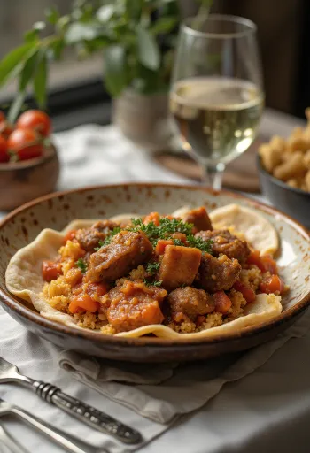 Thareed med oksekød, serveret med pitabrødsstykker og frisk koriander