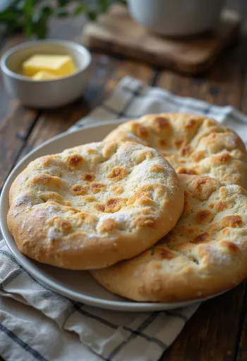 Tunnbröd med rugmel, friskbagte, let brunede fladbrød på et fad