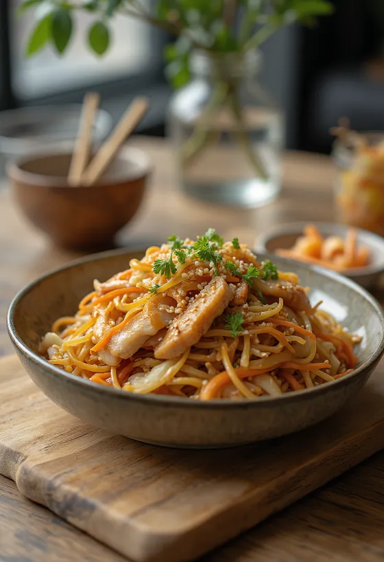 Yakisoba med kylling, japanske woknudler med sprøde grøntsager