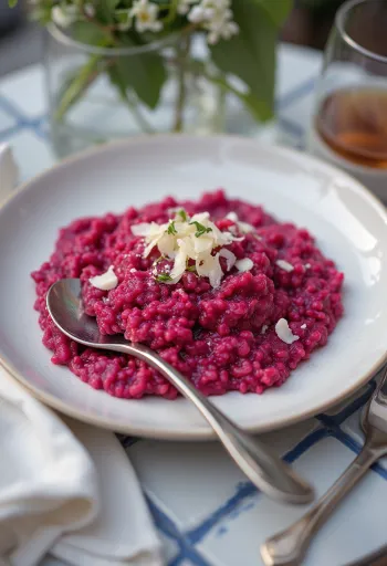 Rødbederisotto, cremet konsistens, serveret med frisk persille og vegansk parmesan.