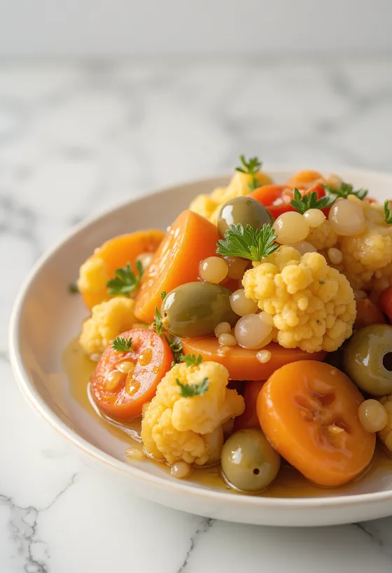 Sød-sur giardiniera serveret