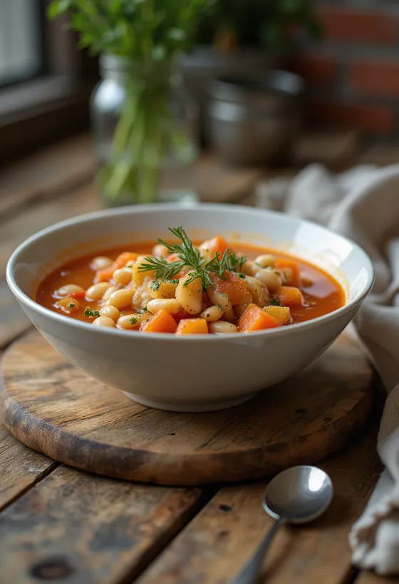 Fasolada glutenfri variant, bønnesuppe serveret med frisk olivenolie