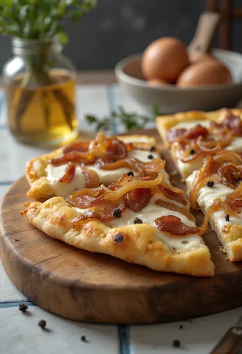 Flammkuchen med creme fraiche, løg og bacon