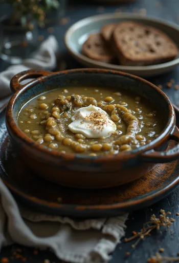 Cremet linsestuvning drysset med frisk persille, serveret med spejlæg og ristede pølseskiver.