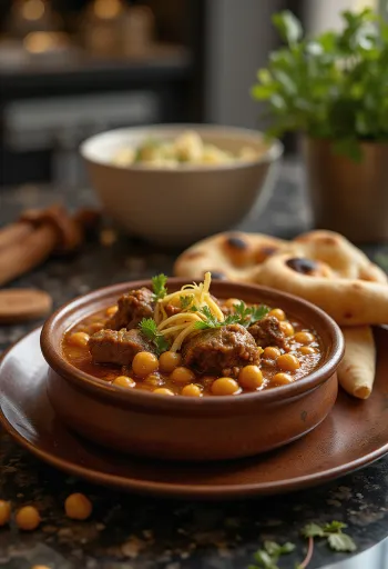 Nihari serveret med kikærter, rig kød- og krydderragout