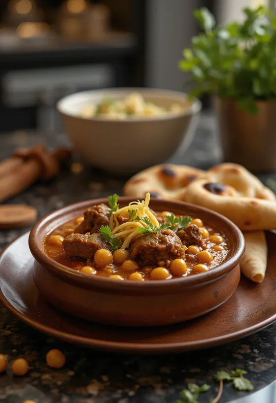 Nihari serveret med kikærter, rig kød- og krydderragout
