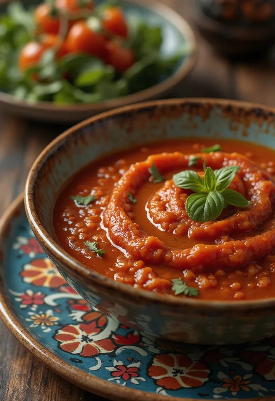 Tomatsovs med røget paprika serveret med bagte kartofler