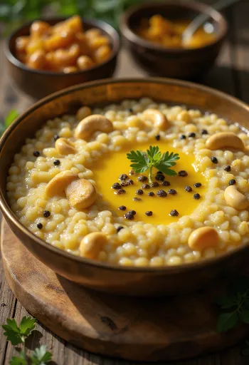 Thinai pongal, lavet af foxtail ris, serveret med friske grøntsager