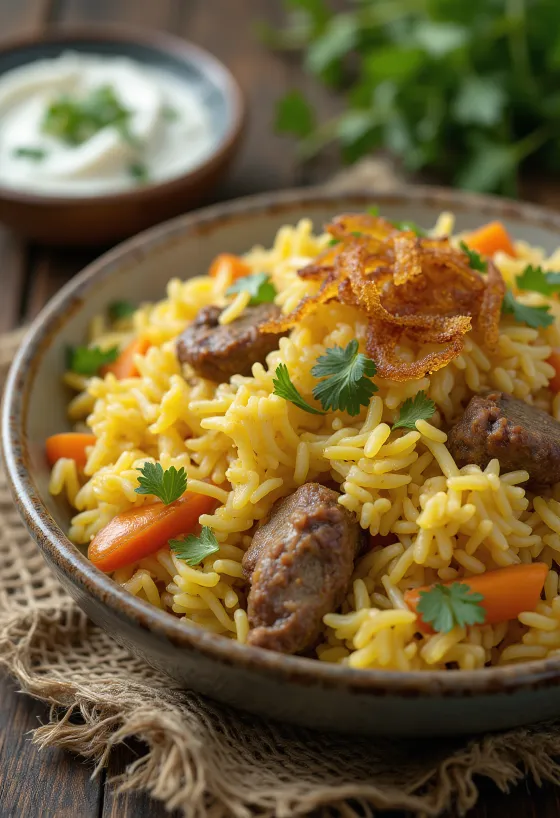 Grøntsags biryani med lam, rig krydret ris og mørt lammekød