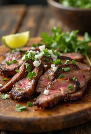 Carne asada serveret med tortilla og salat