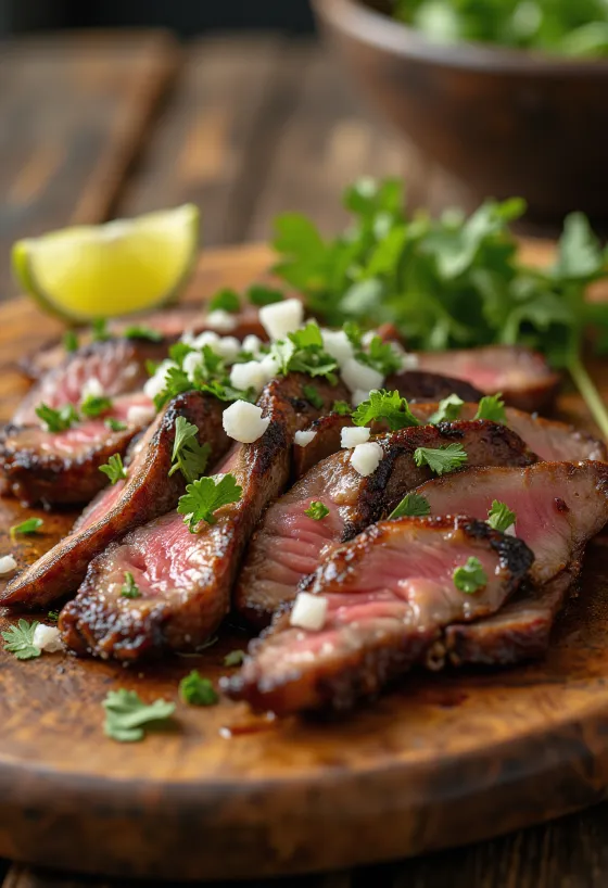 Carne asada serveret med tortilla og salat