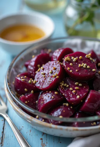 rødbedesalat serveret med friske grøntsager og balsamico dressing