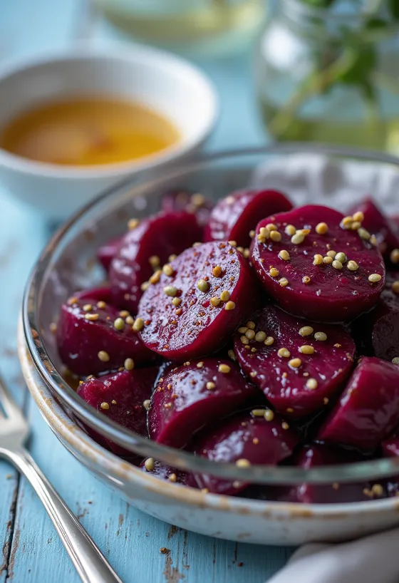 rødbedesalat serveret med friske grøntsager og balsamico dressing