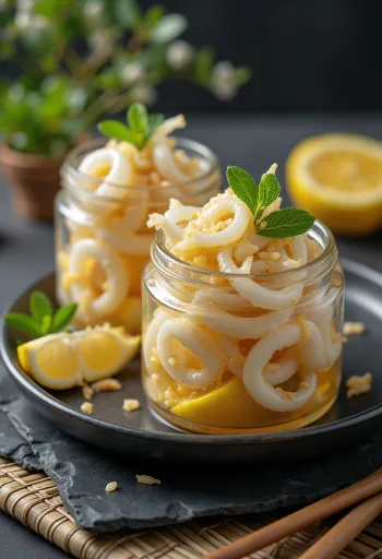 Sød-syrlige syltede blæksprutteringe i glas