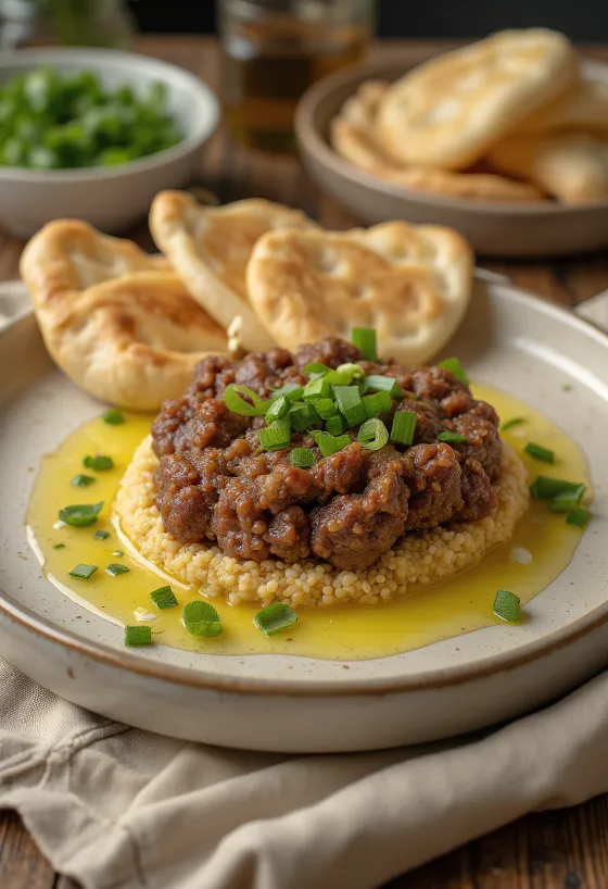 Kibbeh Nayyeh serveret med frisk pitabrød og granatæblekerner