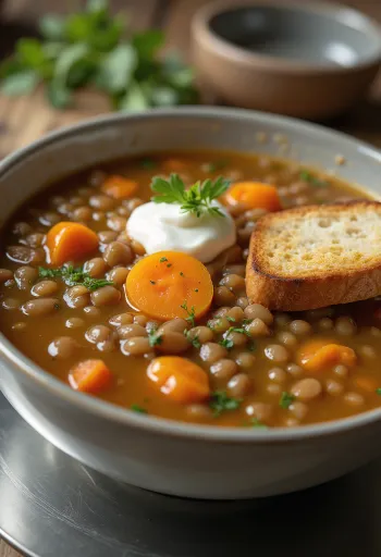 Traditionel linsesuppe smagt til med gulerødder, kartofler og laurbærblade, klar til servering.