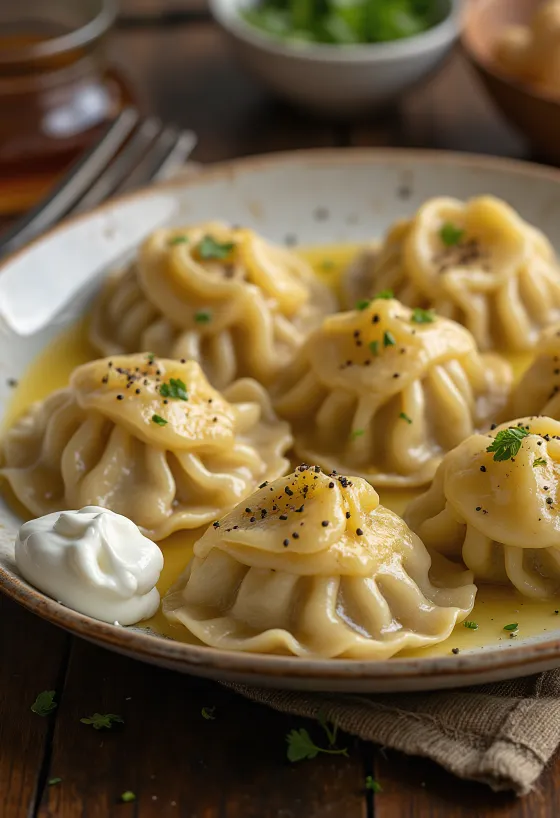 Russisk pelmeni med oksekød serveret med creme fraiche