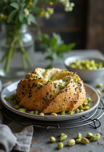 Pistacie-birkes kage serveret