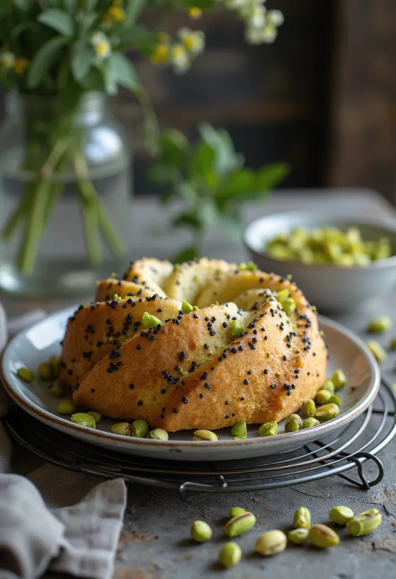 Pistacie-birkes kage serveret