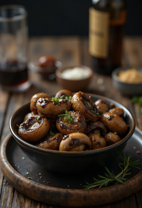 Ovnbagte svampe i balsamico-marinade serveret