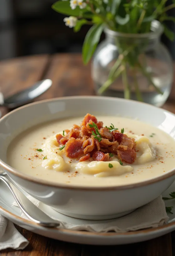 Cremet kartoffelsuppe med bacon serveret