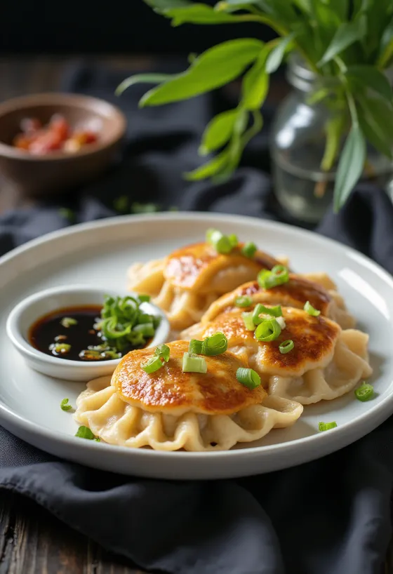 Tofu Gyoza serveret med tofufyld og sojasauce-dip