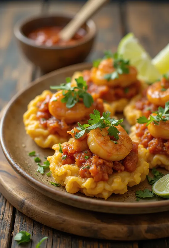 Acarajé med rejer og sorte bønner, serveret som gyldenbrune friturestegte boller