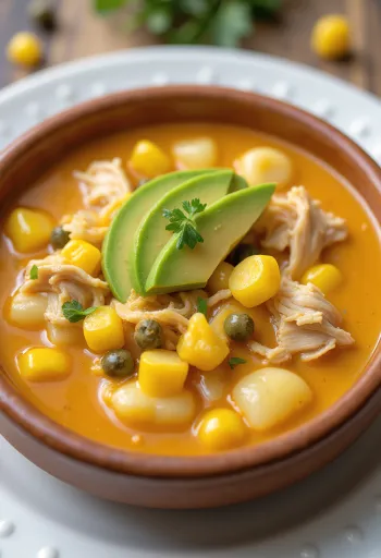 Ajiaco med kylling serveret