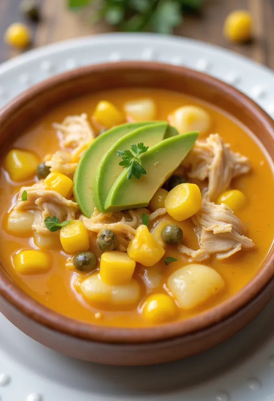 Ajiaco med kylling serveret