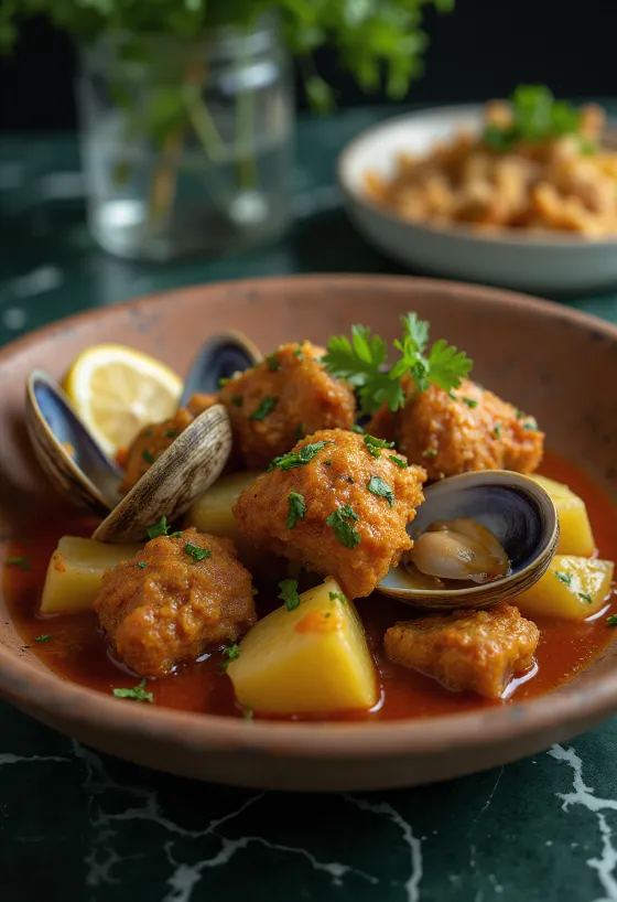 Carne de porco à Alentejana portugisisk ret serveret