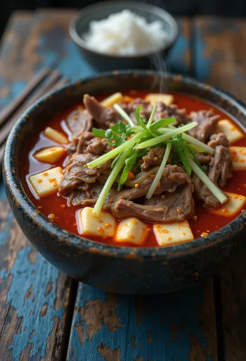 Stærk yukgaejang koreansk oksekødssuppe rødlig i farven, med tofu og grøntsager
