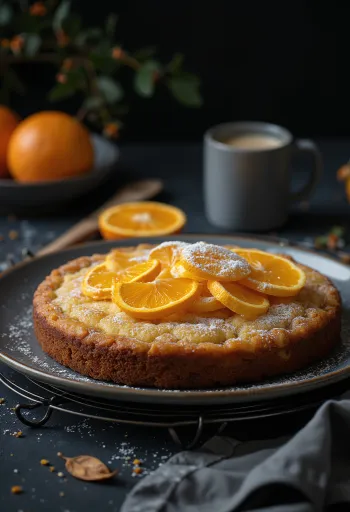 Krydret appelsinkage serveret med flormelis og appelsinskal