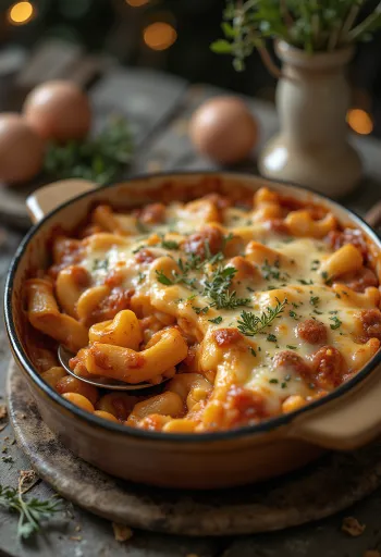 Pastagratin med kød, saftigt hakket kød og smeltet ost på toppen