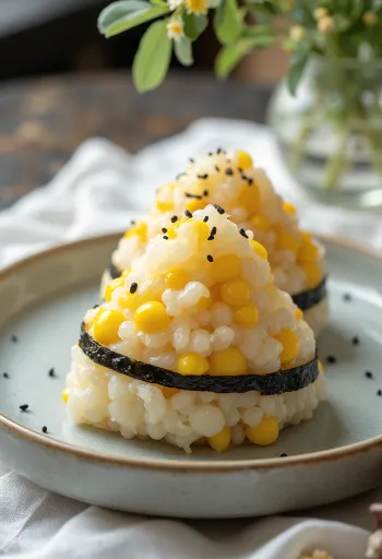 Onigiri med majsfyld, trekantede risboller med nori-tang
