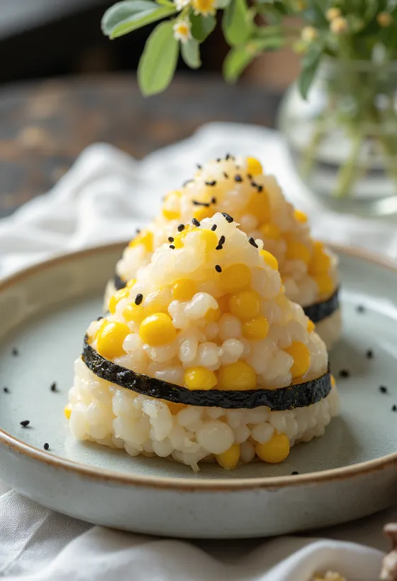 Onigiri med majsfyld, trekantede risboller med nori-tang
