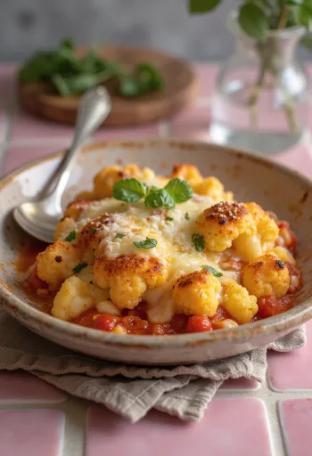 Parmigiana med bagt blomkål, lagdelt med aubergine, tomatsauce og smeltet ost