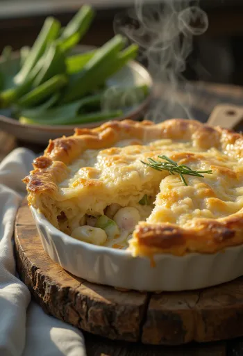 Rabbit and leek pie served in a rustic dish with golden puff pastry.