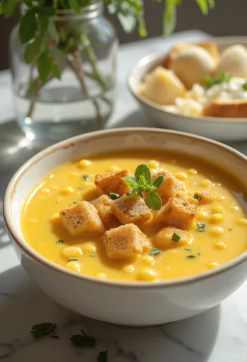 Gul ærte-suppe serveret med røget pølse og frisk persille